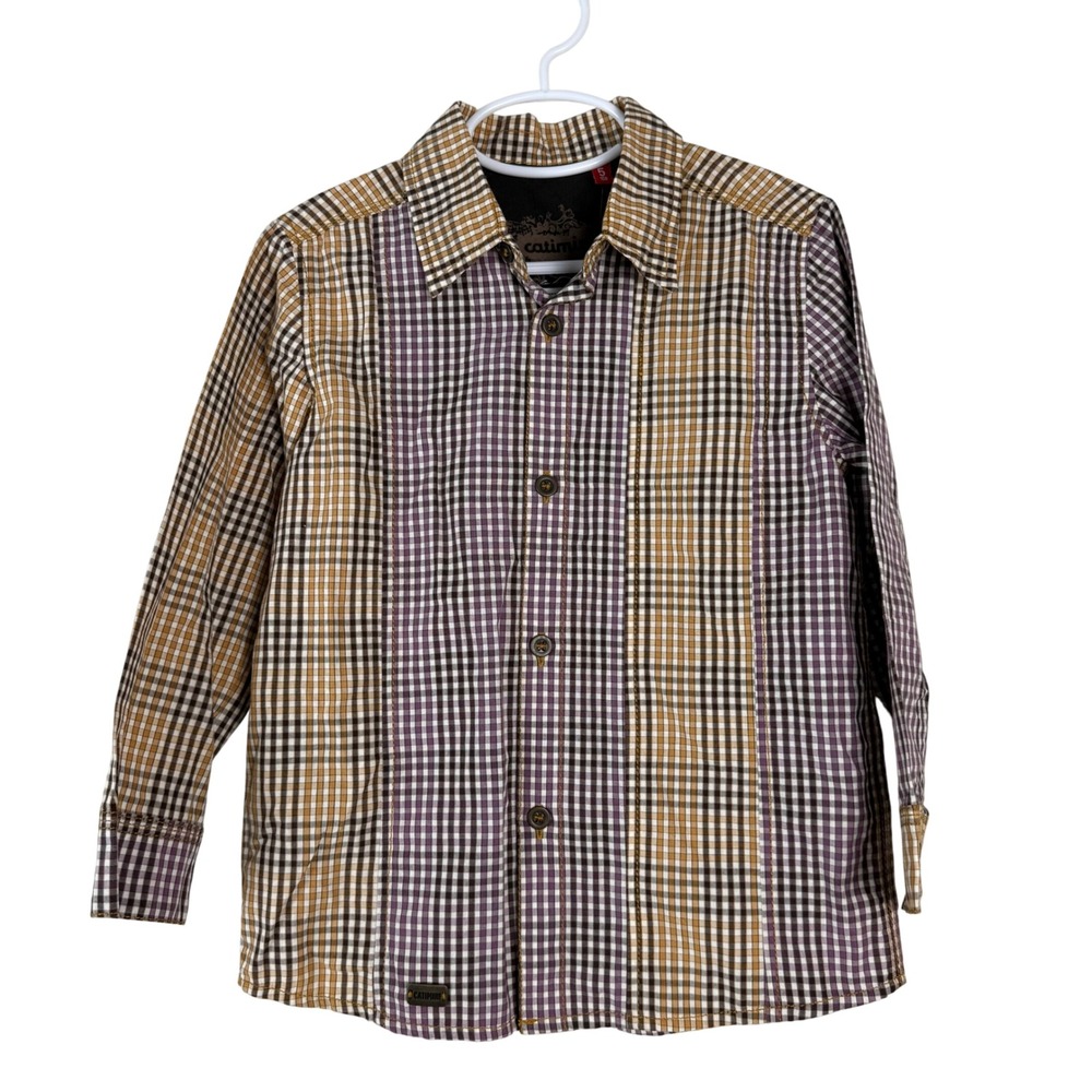 Catimini Boys Size 5 Shirt Brown Purple Plaid Gingham Mixed Print Graphic Back